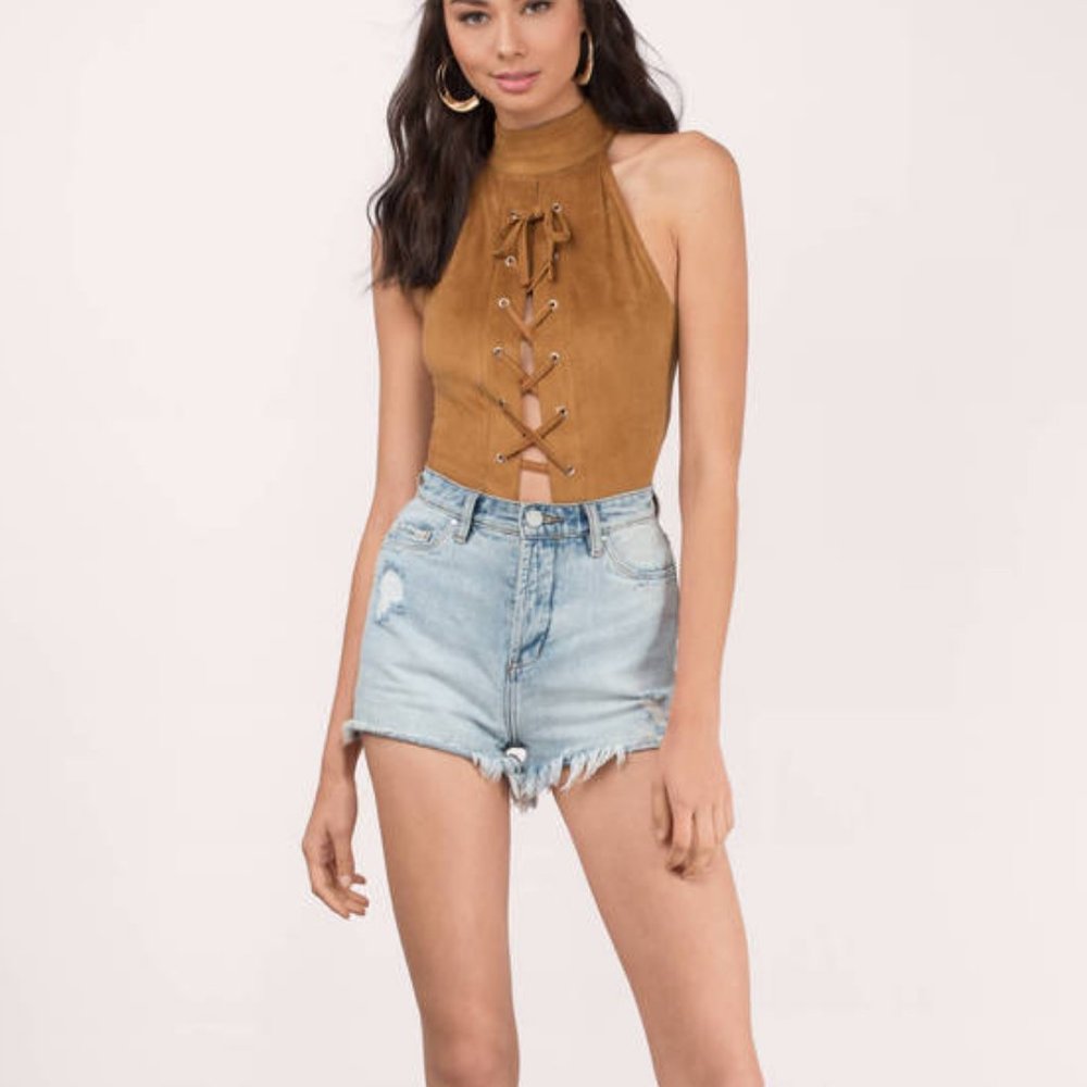 TOBI Priscilla Faux Suede Bodysuit In Camel